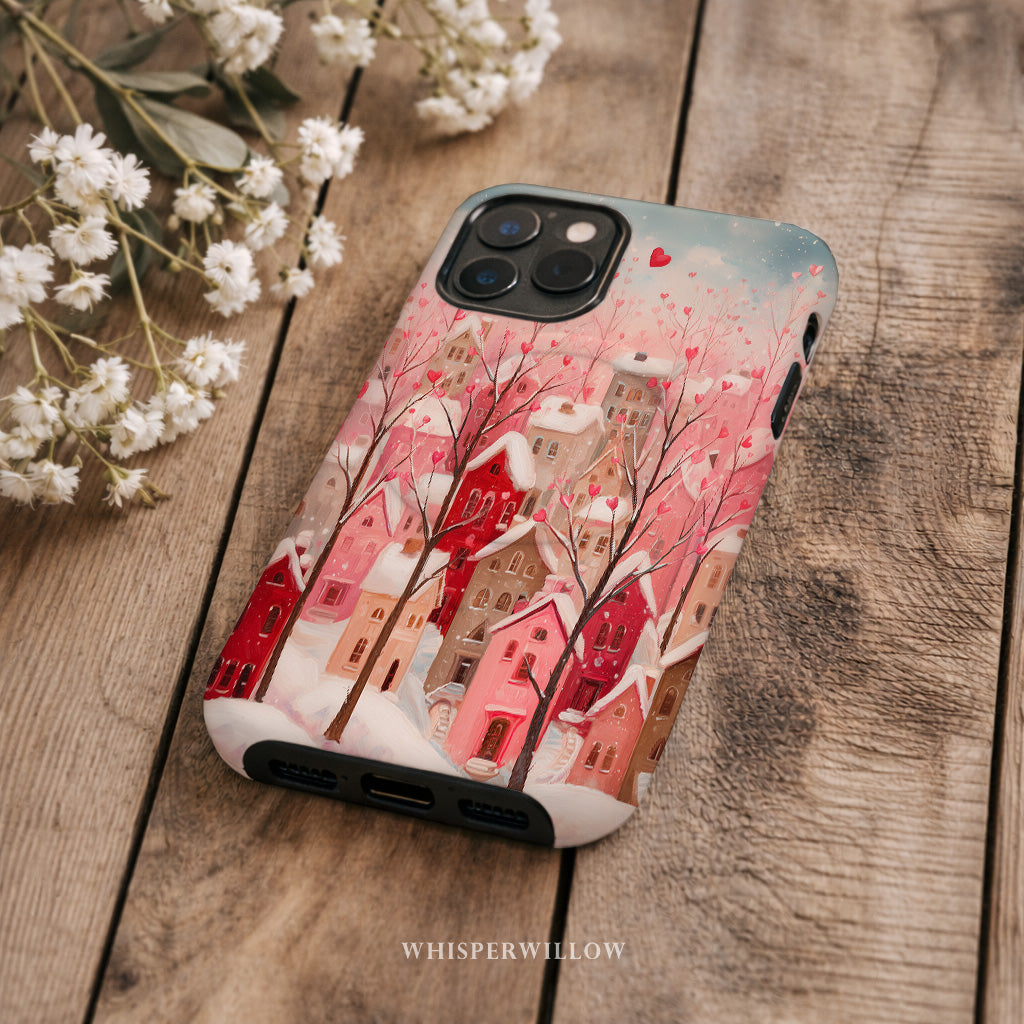 Romantic Winter Village Phone Case | Compatible with MagSafe & iPhone | Pink Heart Snow Town Aesthetic Protective Cover