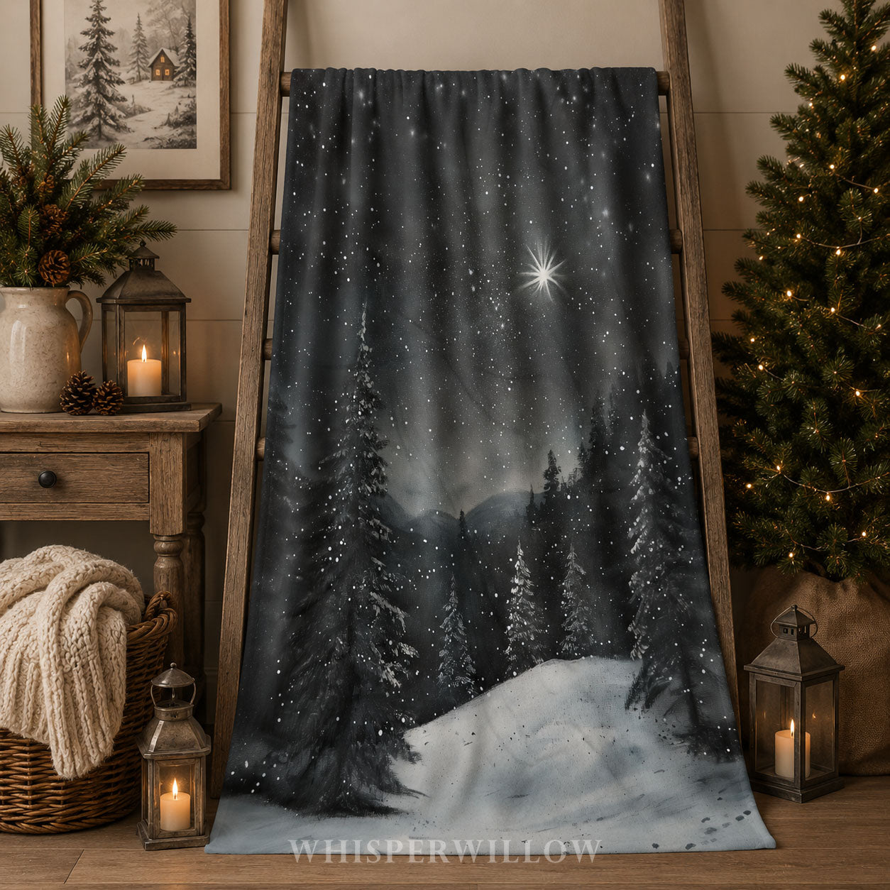 Snowy Winter Forest Throw Blanket - Night Christmas Eve Star Gift by WhisperWillow Studios