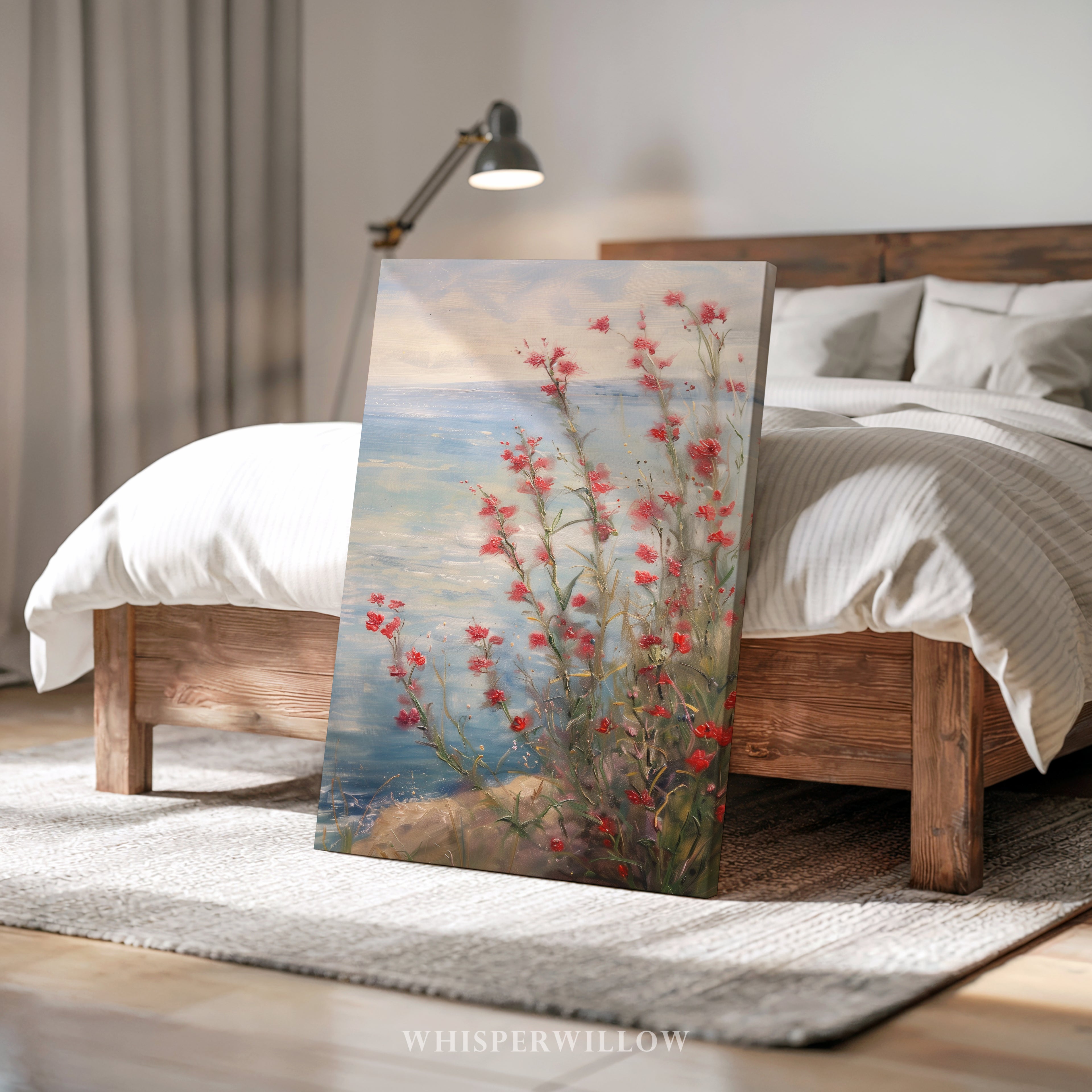 Leinwandbild mit roten Küstenwildblumen | Blumendesign zum Unabhängigkeitstag | Sommerdeko zum 4. Juli, Botanische Meeresmotive