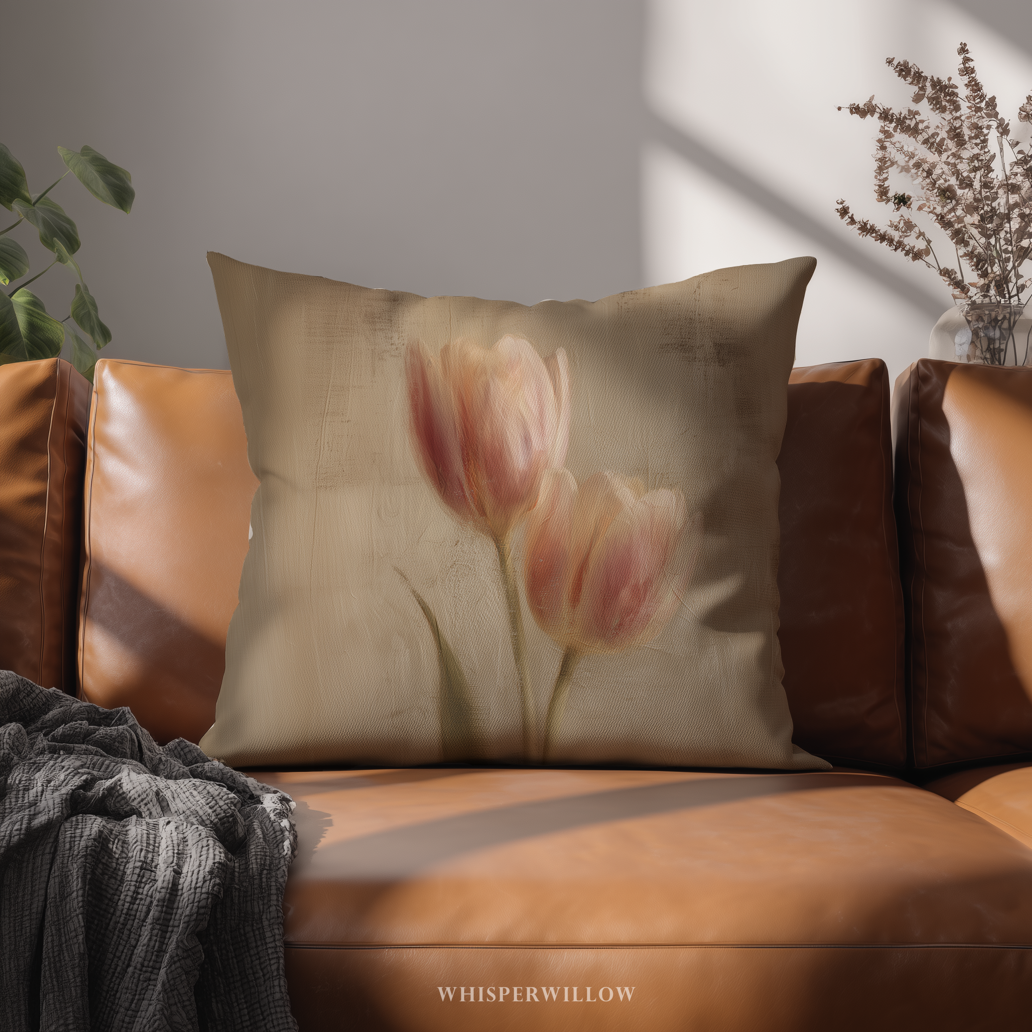 Muted Pink Tulips Throw Pillow | Vintage Floral Botanical Cushion | Farmhouse Bedroom Decor | Spring Flower Accent | Square & Lumbar