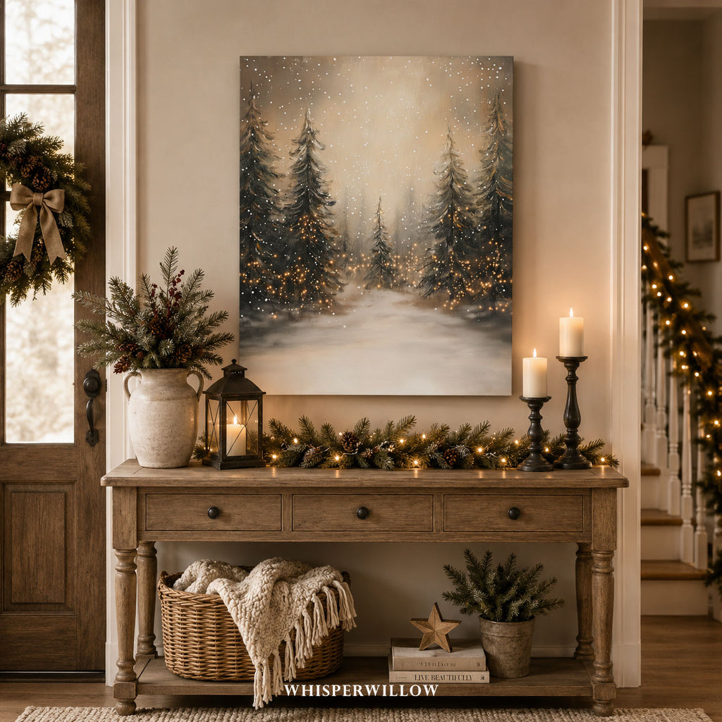 Tableau sur toile Forêt d'hiver avec guirlandes lumineuses | Scène de pinède enneigée | Décoration de Noël rustique
