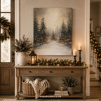 Tableau sur toile Forêt d'hiver avec guirlandes lumineuses | Scène de pinède enneigée | Décoration de Noël rustique