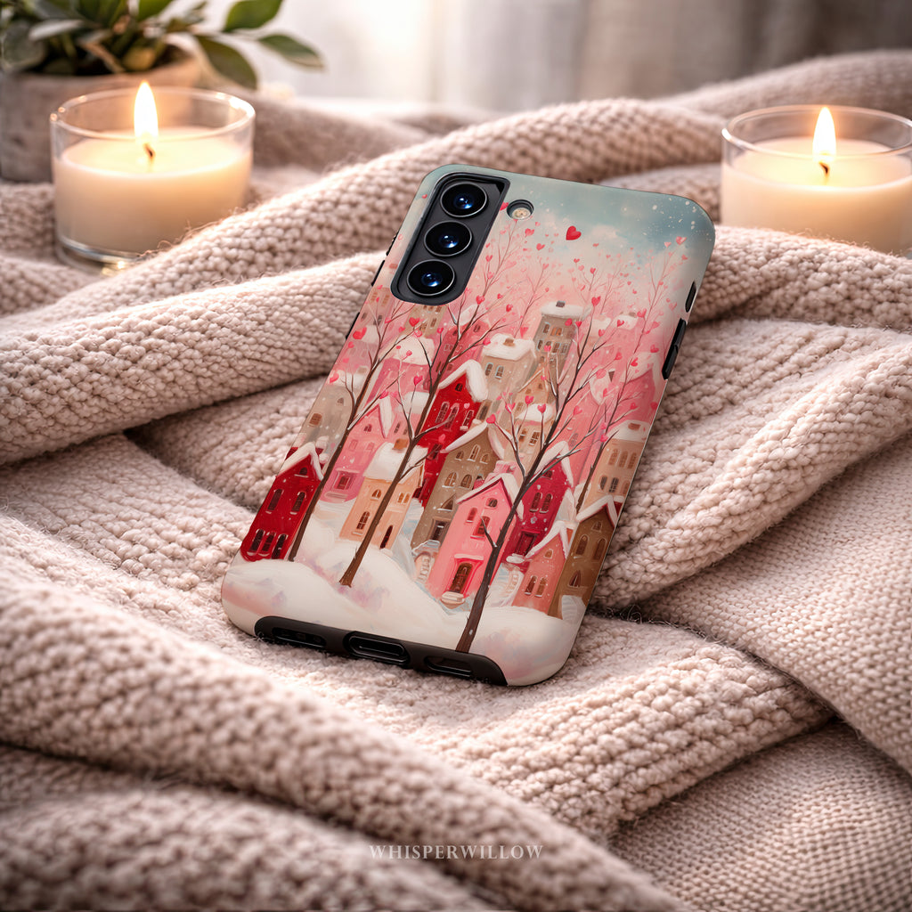Romantic Winter Village Phone Case | Aesthetic Pink Snow Art | Heart Holiday Design | Compatible with Samsung