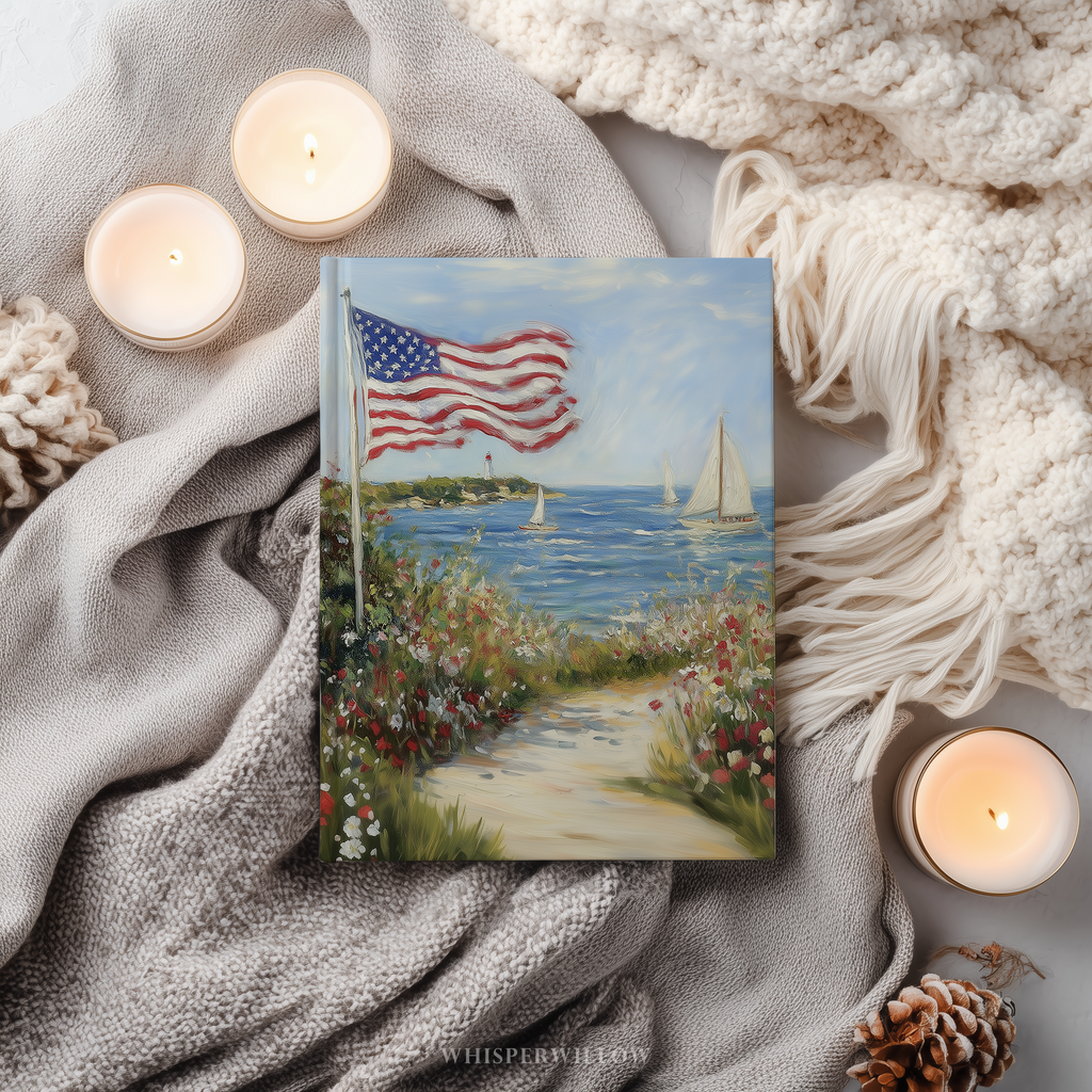Coastal American Flag Hardcover Journal, Sailboat Wildflower Design, Independence Day Notebook, 8x5.75 Lined Pages Gift