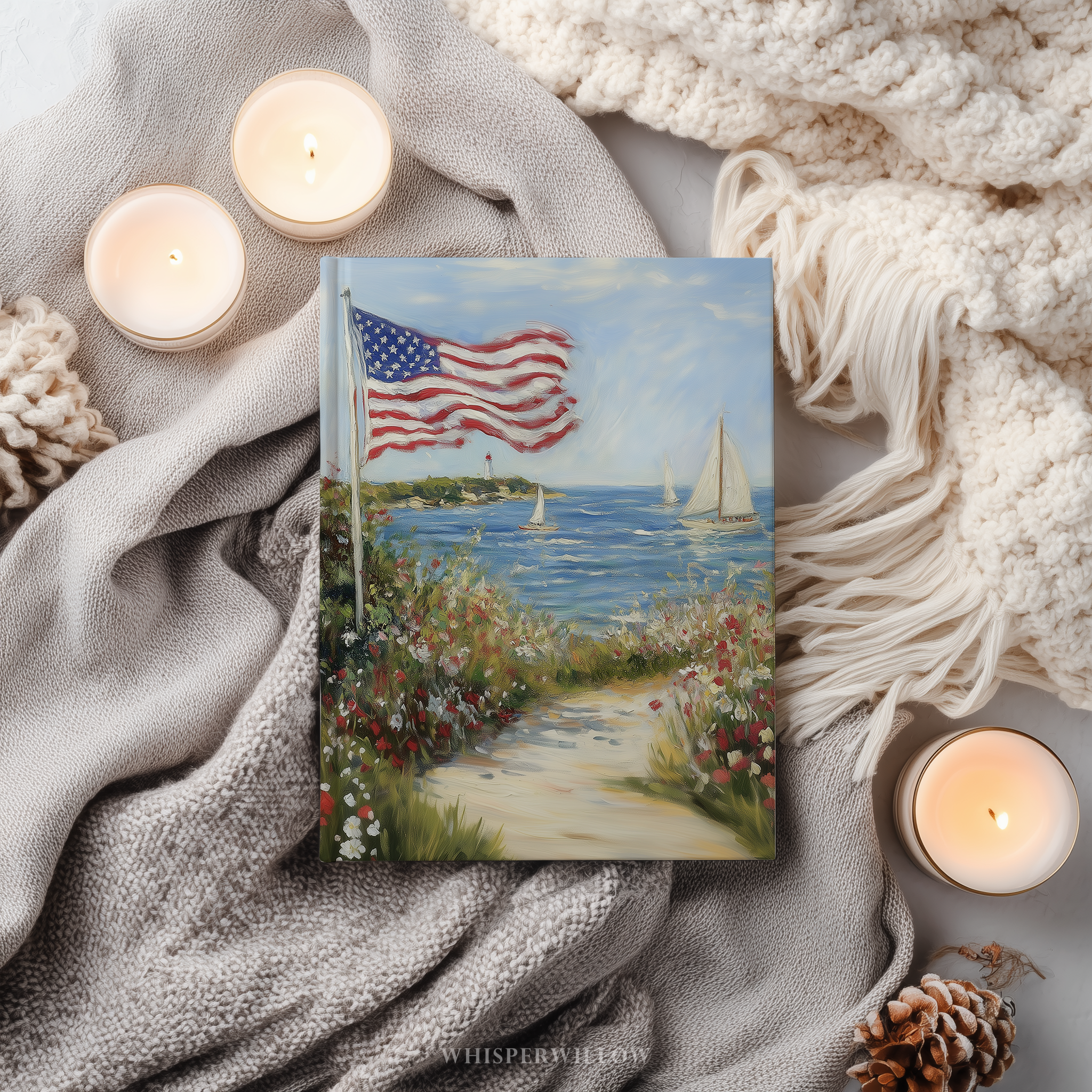 Coastal American Flag Hardcover Journal, Sailboat Wildflower Design, Independence Day Notebook, 8x5.75 Lined Pages Gift