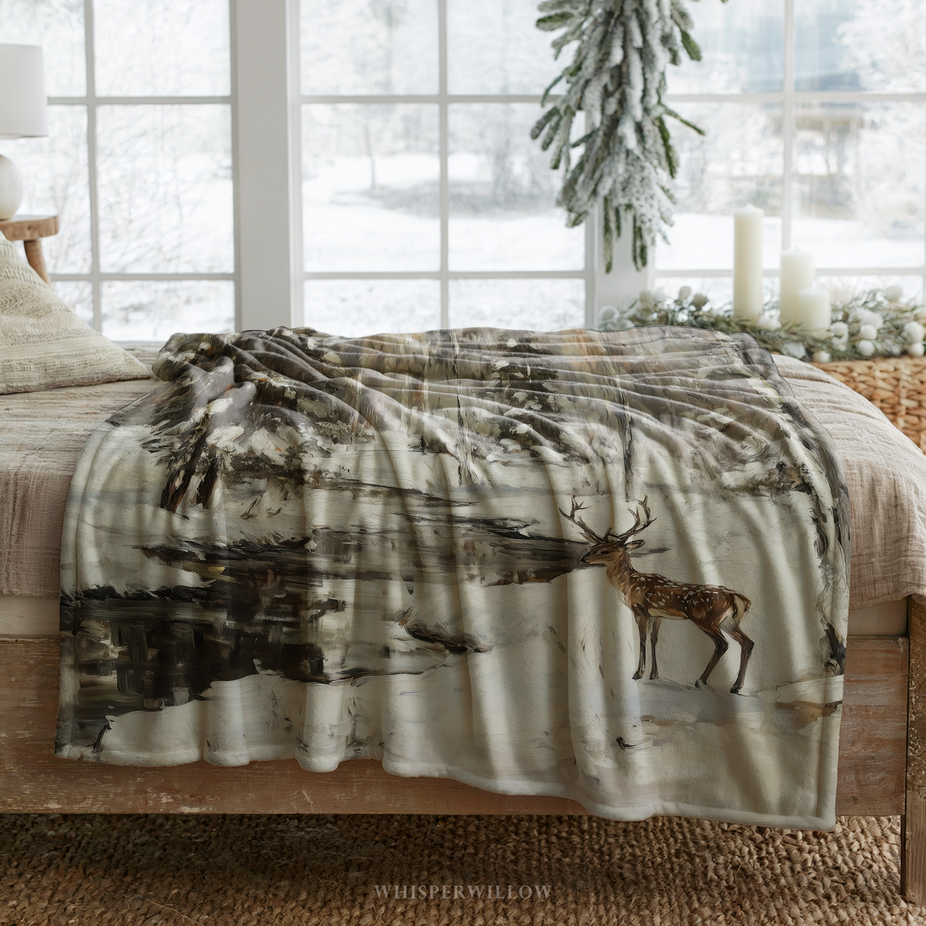 Winter Deer Forest Throw Blanket - Snowy Woodland Stream Gift