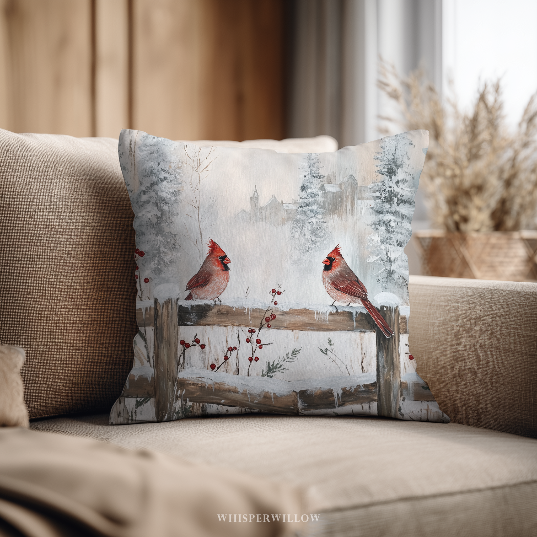Dekokissen mit Winterkardinalen – Rustikales Weihnachtskissen im verschneiten Landhausstil