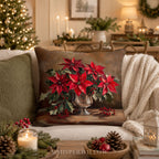 Coussin décoratif de Noël à motif poinsettia - Coussin rouge festif