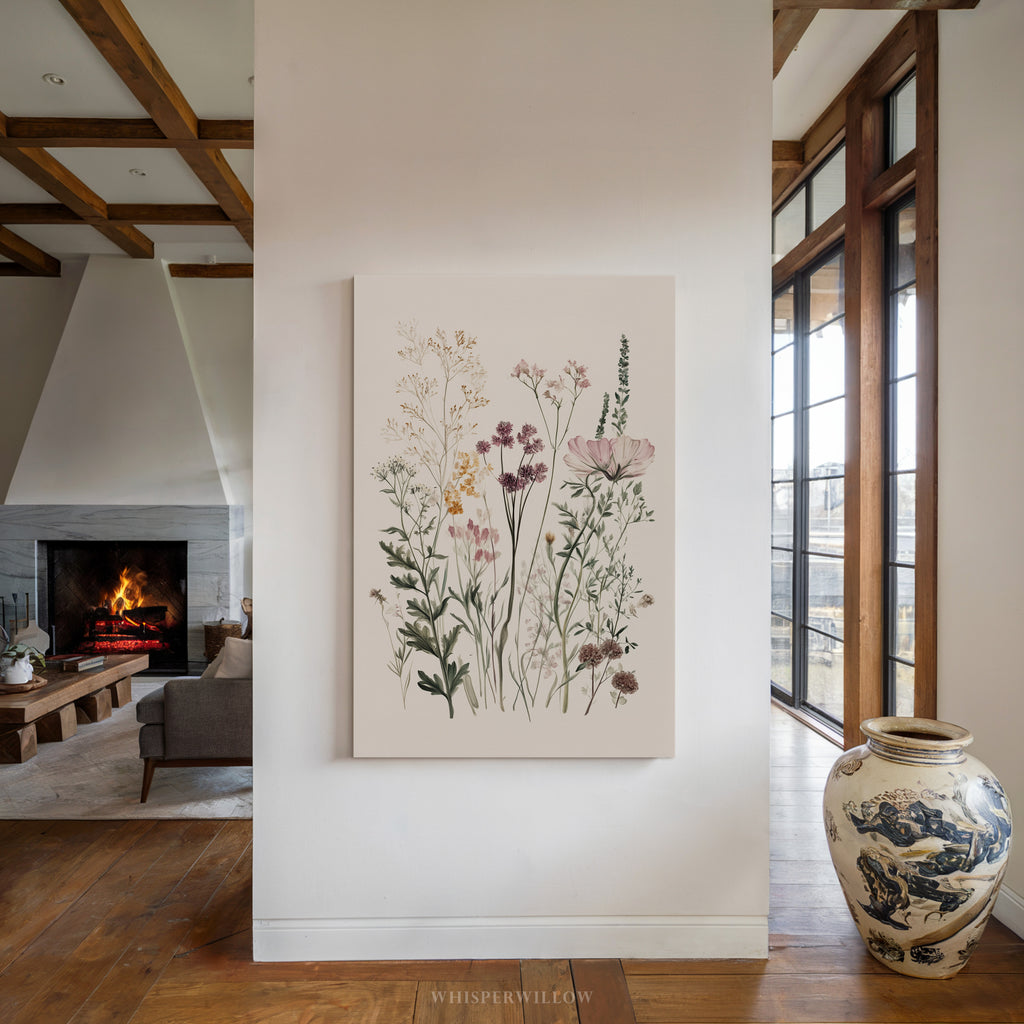 Wildflower Meadow Canvas Wall Art | Neutral Botanical Floral Illustration | Cottagecore Vintage Nature Decor | Minimalist Bedroom Artwork