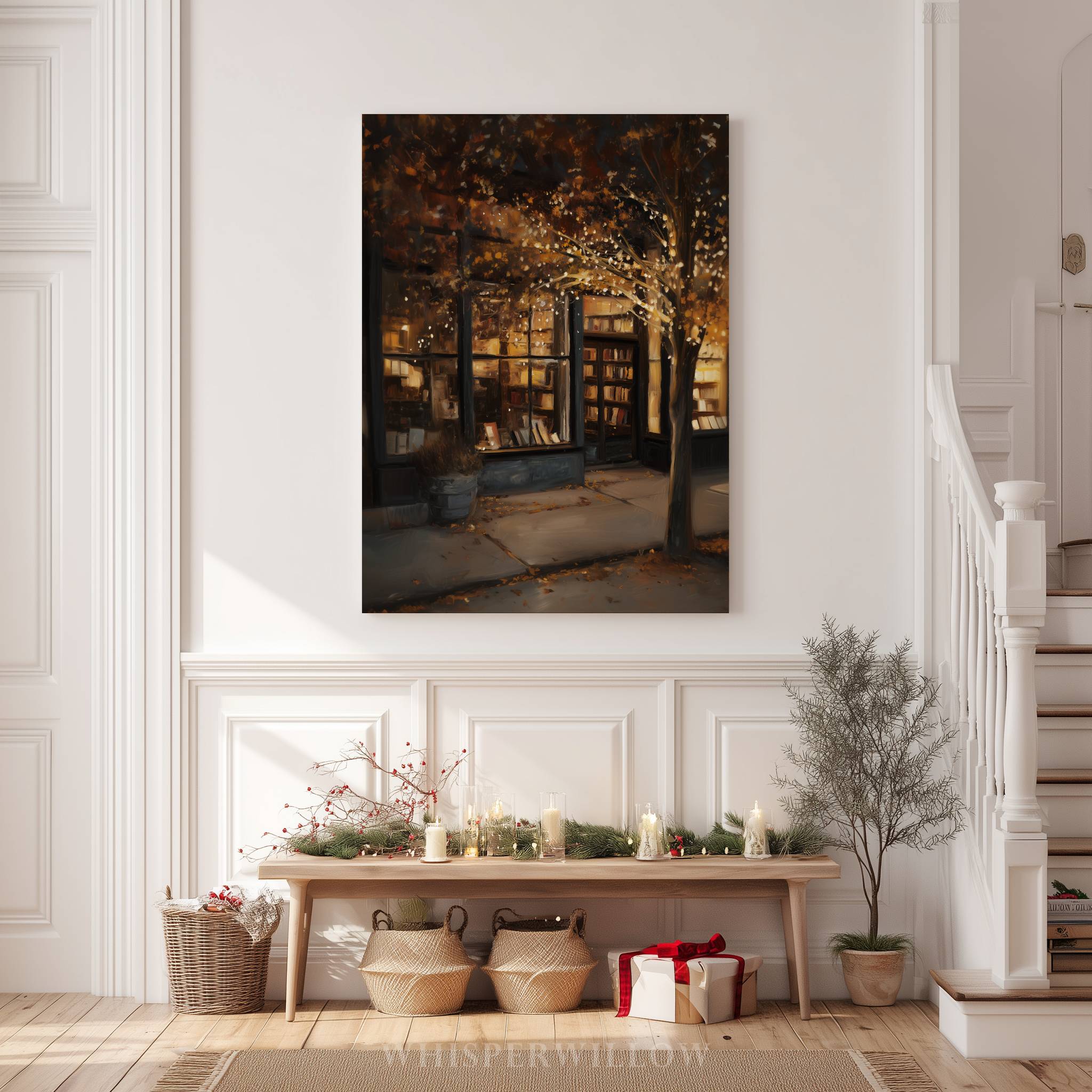 Gemütliches Buchladen-Leinwandbild – Romantischer Cottagecore-Herbstweihnachtsbaum