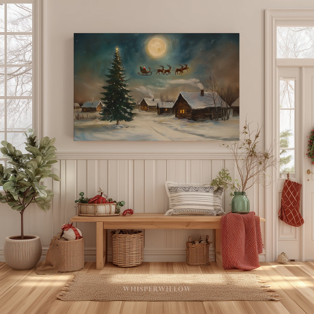 Weihnachtsdorf-Leinwandbild – Weihnachtsmannschlitten über mondbeschienener Szene, zauberhafte Rentiernacht
