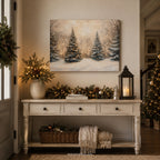 Tableau sur toile « Sapin de Noël illuminé » - Forêt hivernale enneigée et féerique