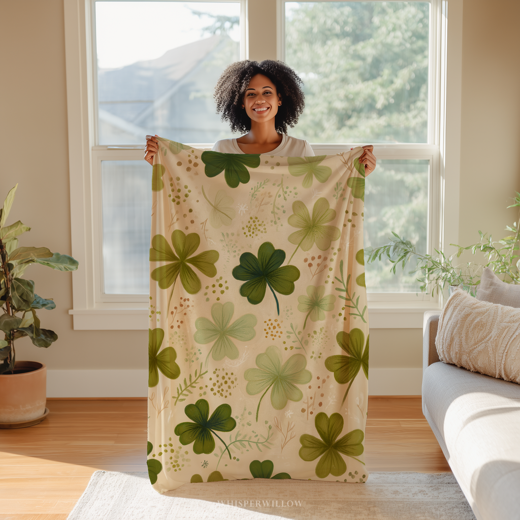 St Patricks Day Plush Throw Blanket, Shamrock Clover Green Floral Botanical, St Paddy Cozy Home Decor, Gift for Kids and Adults
