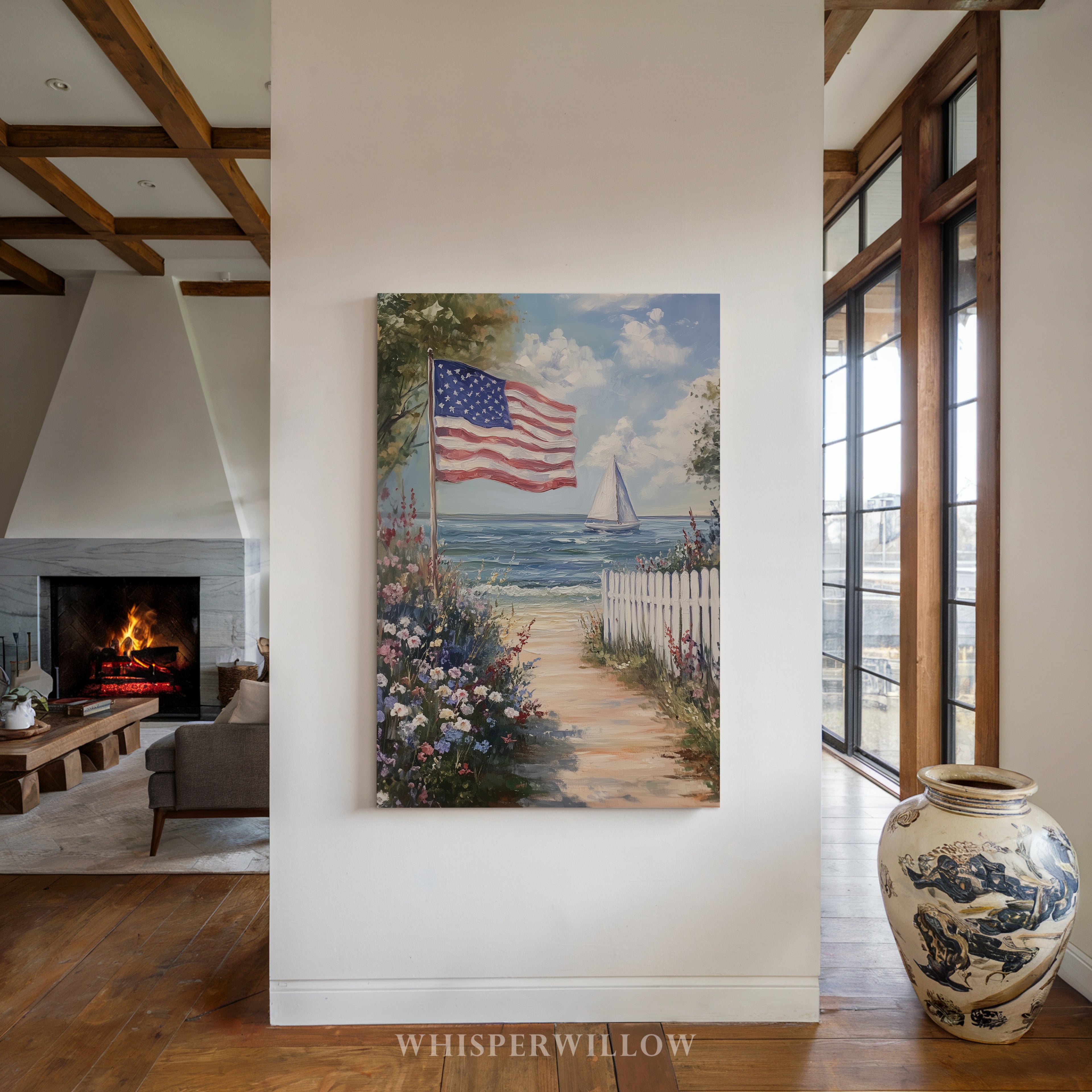 Leinwandbild mit amerikanischer Flagge und Küstenmotiv – Segelboot, patriotische Sommerblume, weißer Lattenzaun, rustikales Strandmotiv zum 4. Juli