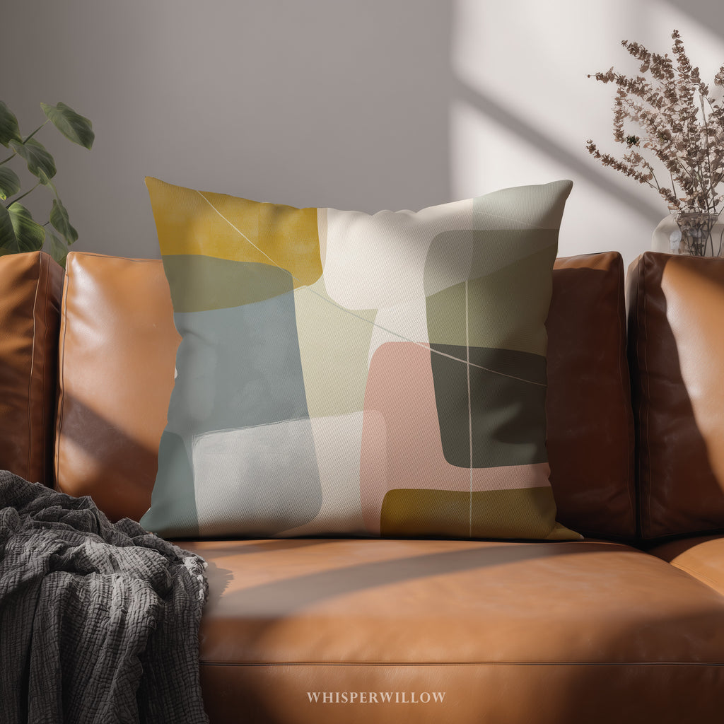 Abstract Geometric Throw Pillow | Modern Minimalist Neutral Blush | Blue Gold Lumbar Accent Cushion | Contemporary Home Decor Gift