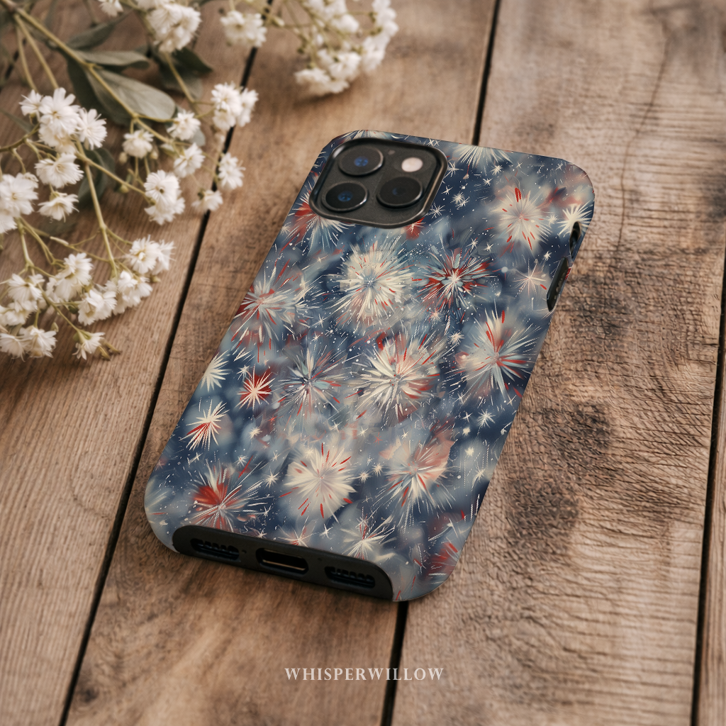 Abstract Fireworks Magnetic Case | Compatible with iPhone | Patriotic Red White Blue Starburst Cover