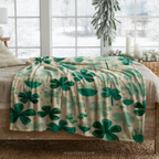 St Patrick Shamrock Clover Throw Blanket, Teal Green Floral Design, Lucky Irish Pattern, Cozy Plush Gift for Kids and Adults