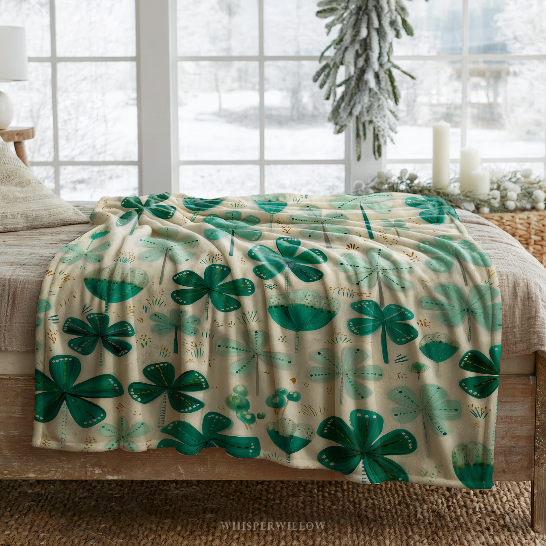 St Patrick Shamrock Clover Throw Blanket, Teal Green Floral Design, Lucky Irish Pattern, Cozy Plush Gift for Kids and Adults