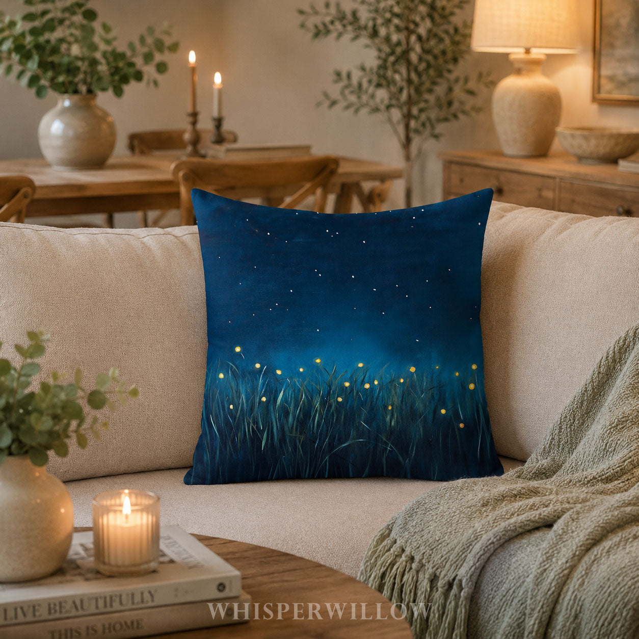Firefly Meadow Throw Pillow Starry Night Sky Celestial Nature Decor Cottagecore Accent Cushion Glowing Lights Landscape Gift Cozy