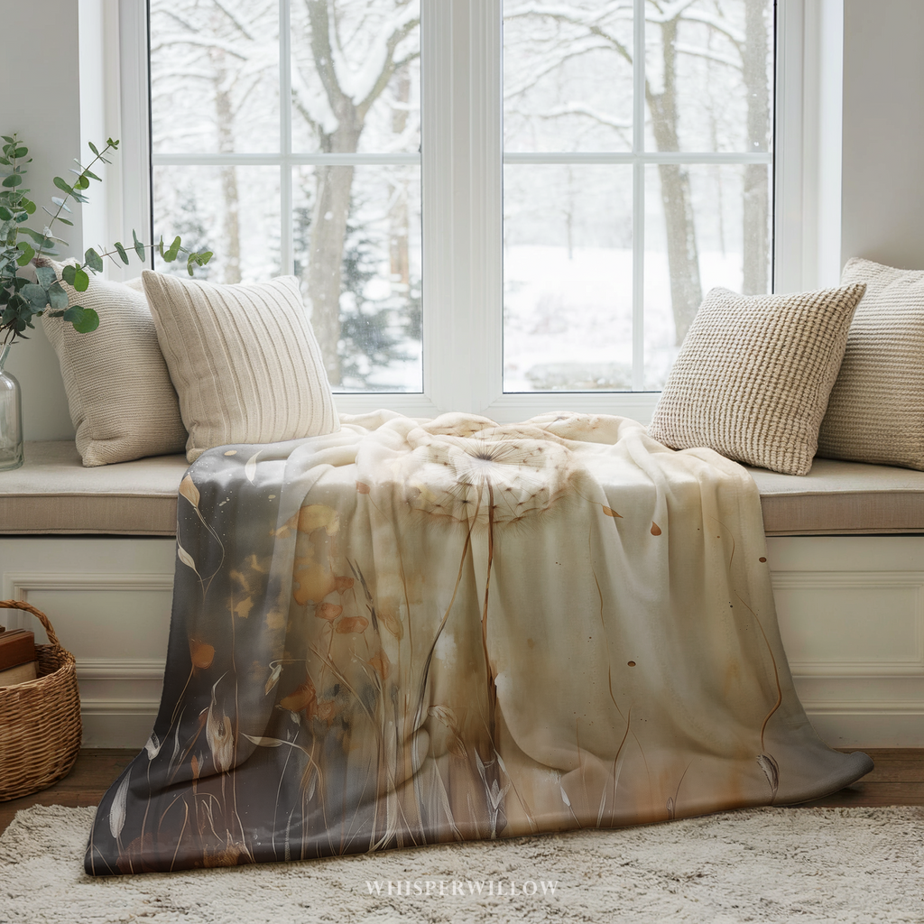 Dandelion Heart Throw Blanket - Neutral Botanical Watercolor Floral Gift