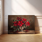 Weihnachtliches Leinwandbild | Roter Weihnachtsstern in silberner Vase | Botanische Winterdeko – Geschenkidee für Zuhause