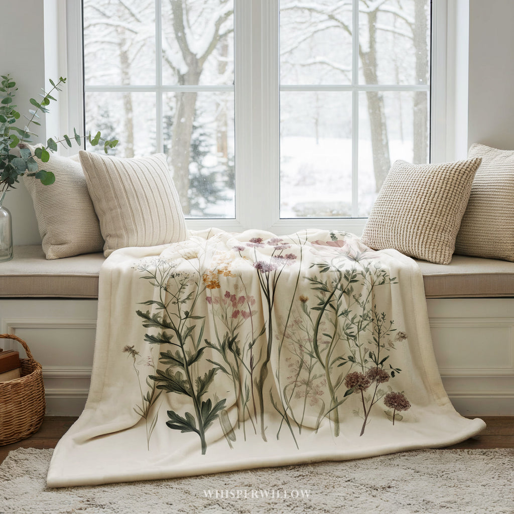 Wildflower Botanical Plush Throw Blanket | Vintage Meadow Floral Cottagecore | Neutral Garden Decor Gift