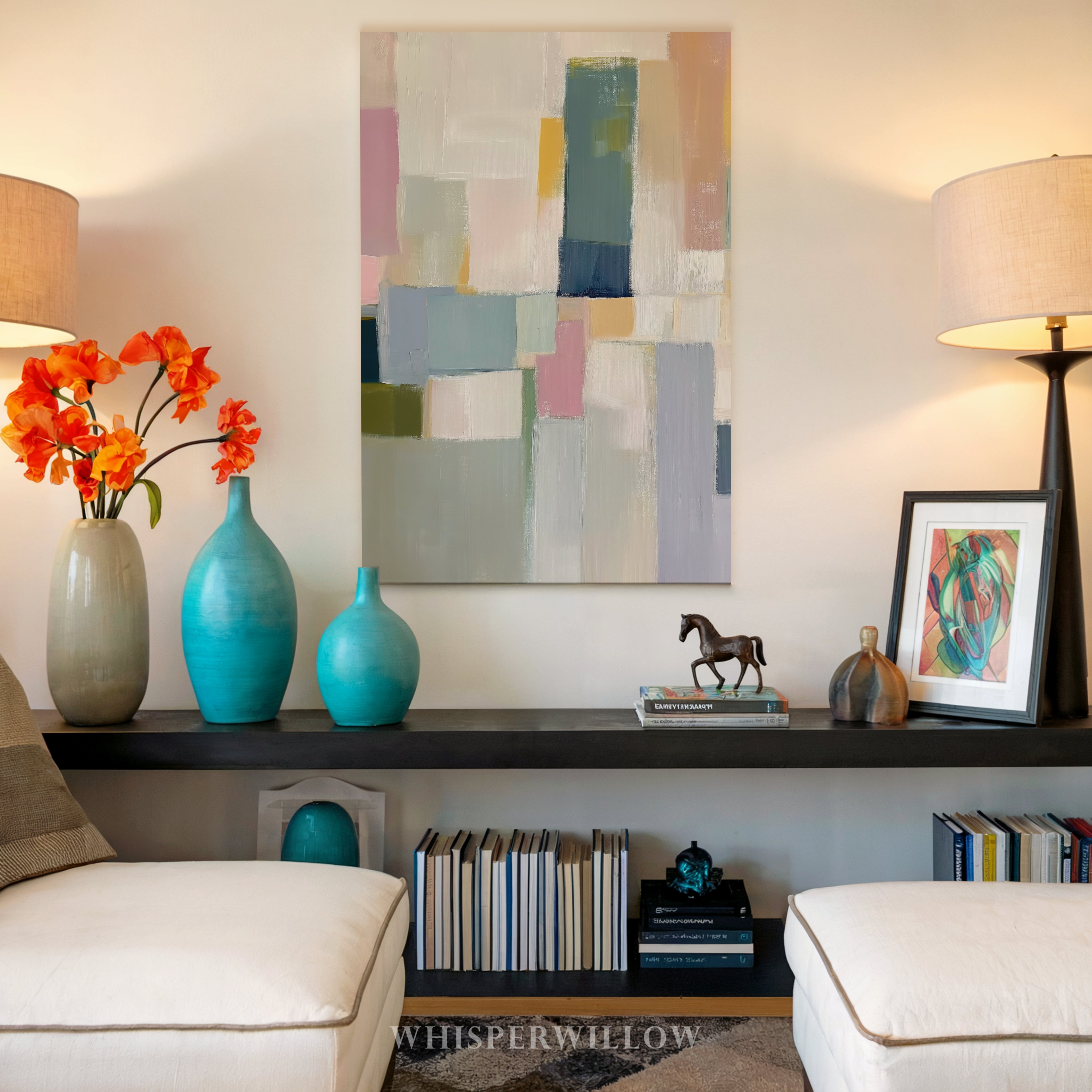 Pastellfarbenes geometrisches Leinwandbild – Abstrakter moderner minimalistischer Druck in sanften Farbblöcken