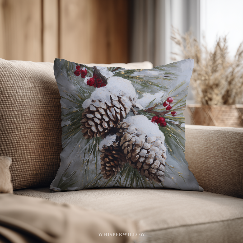 Winterliches Dekokissen mit verschneiten Tannenzapfen – Weihnachtskissen mit roten Beeren