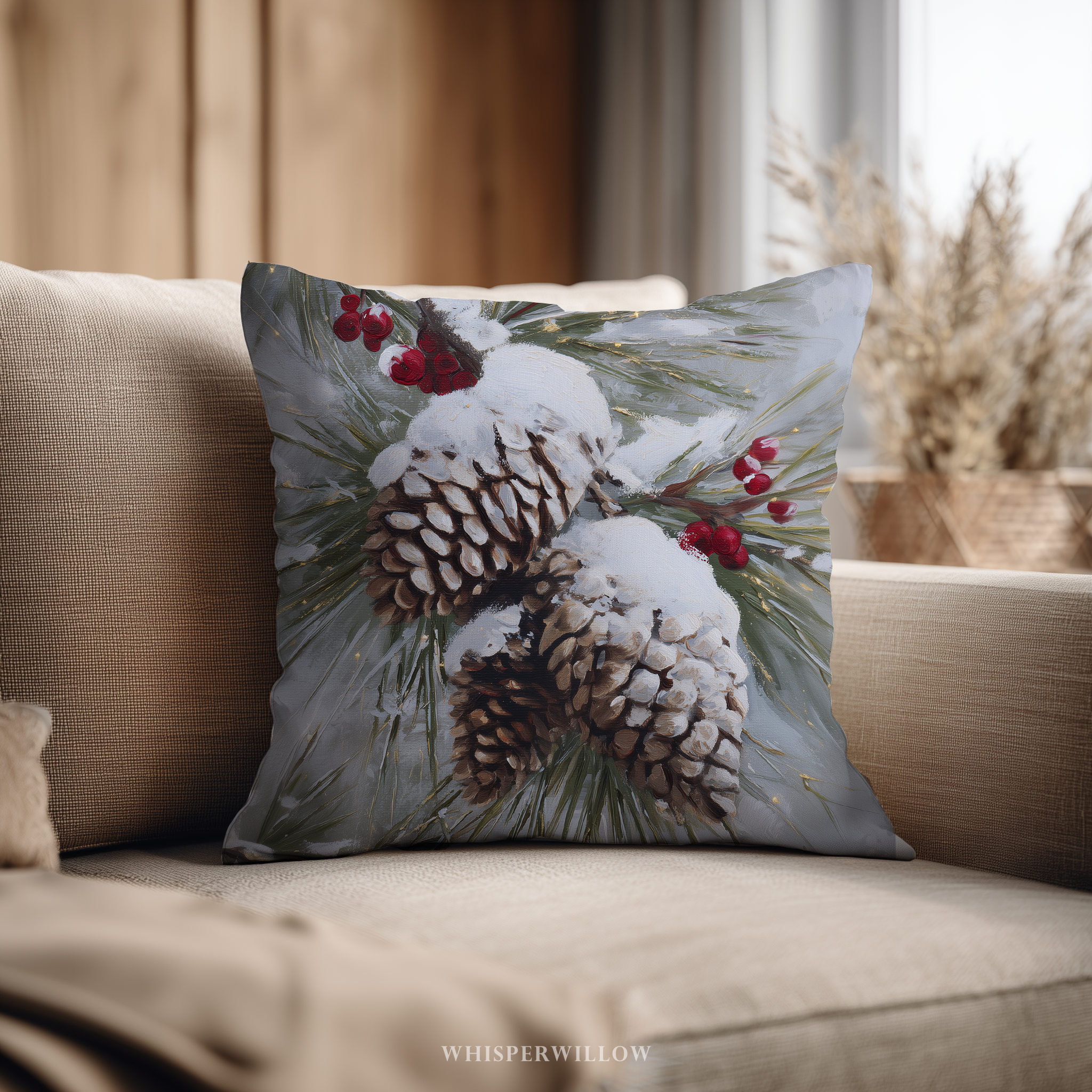 Winterliches Dekokissen mit verschneiten Tannenzapfen – Weihnachtskissen mit roten Beeren