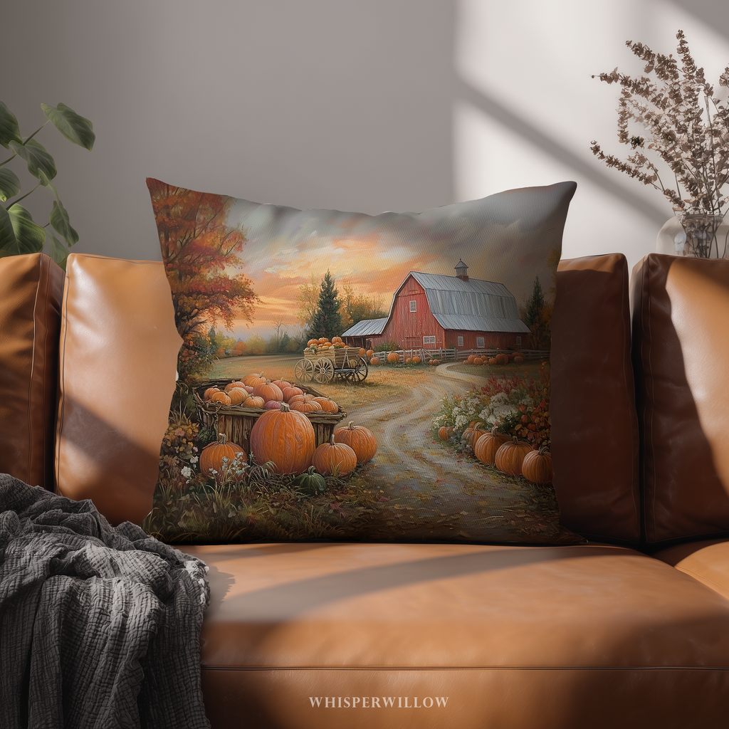 Autumn Pumpkin Farm Throw Pillow and Case - Red Barn Fall Harvest Landscape Country Decor Gift