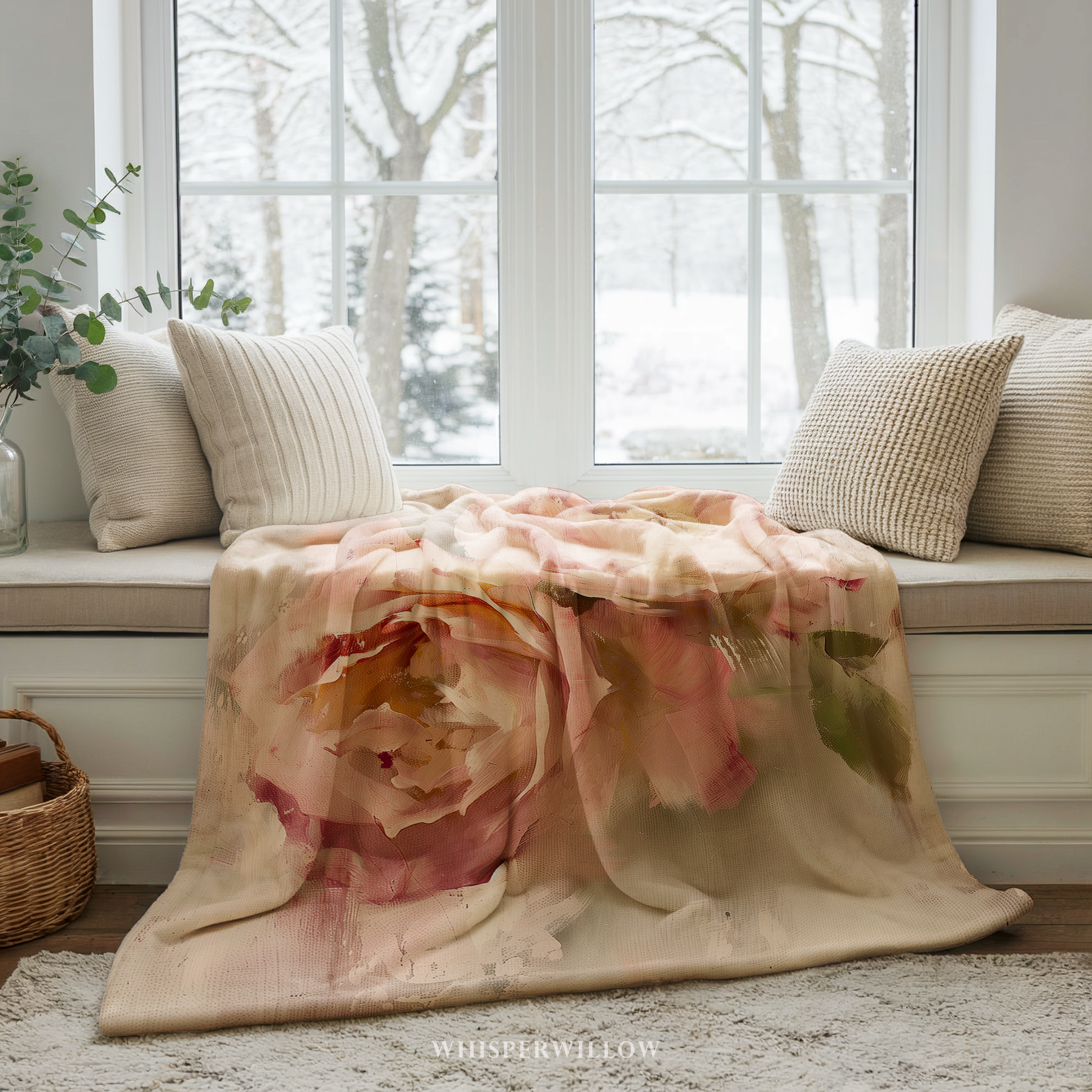 Blush Rose Floral Throw Blanket - Soft Plush Vintage Pastel Gift