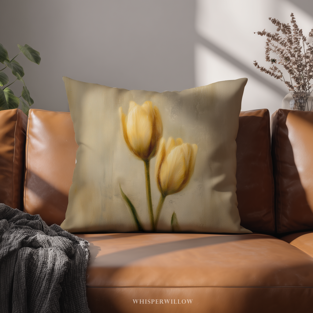 Muted Yellow Tulips Throw Pillow | Vintage Floral Botanical Cushion | Farmhouse Cottage Spring Decor | Square & Lumbar Sizes