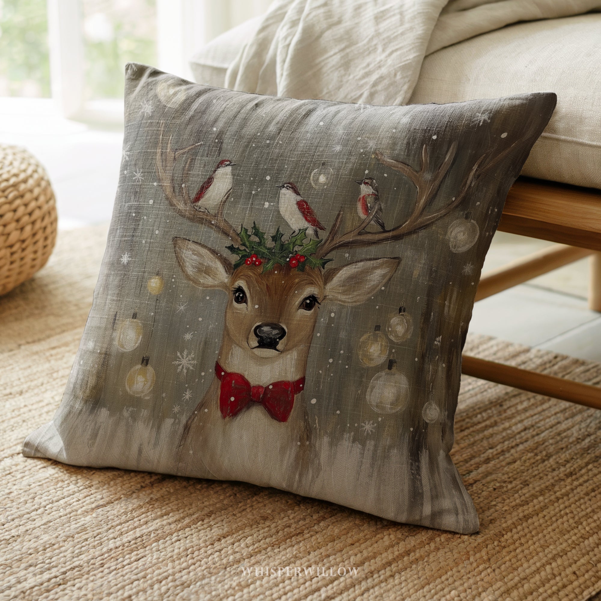Coussin décoratif de Noël avec motif de rennes et d'oiseaux et de houx