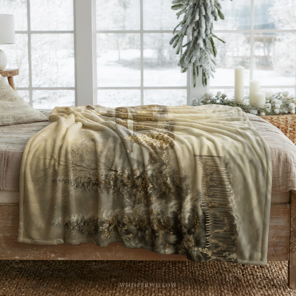 Enchanted Winter Cottage Throw Blanket - Christmas Lights Snowy Forest Gift