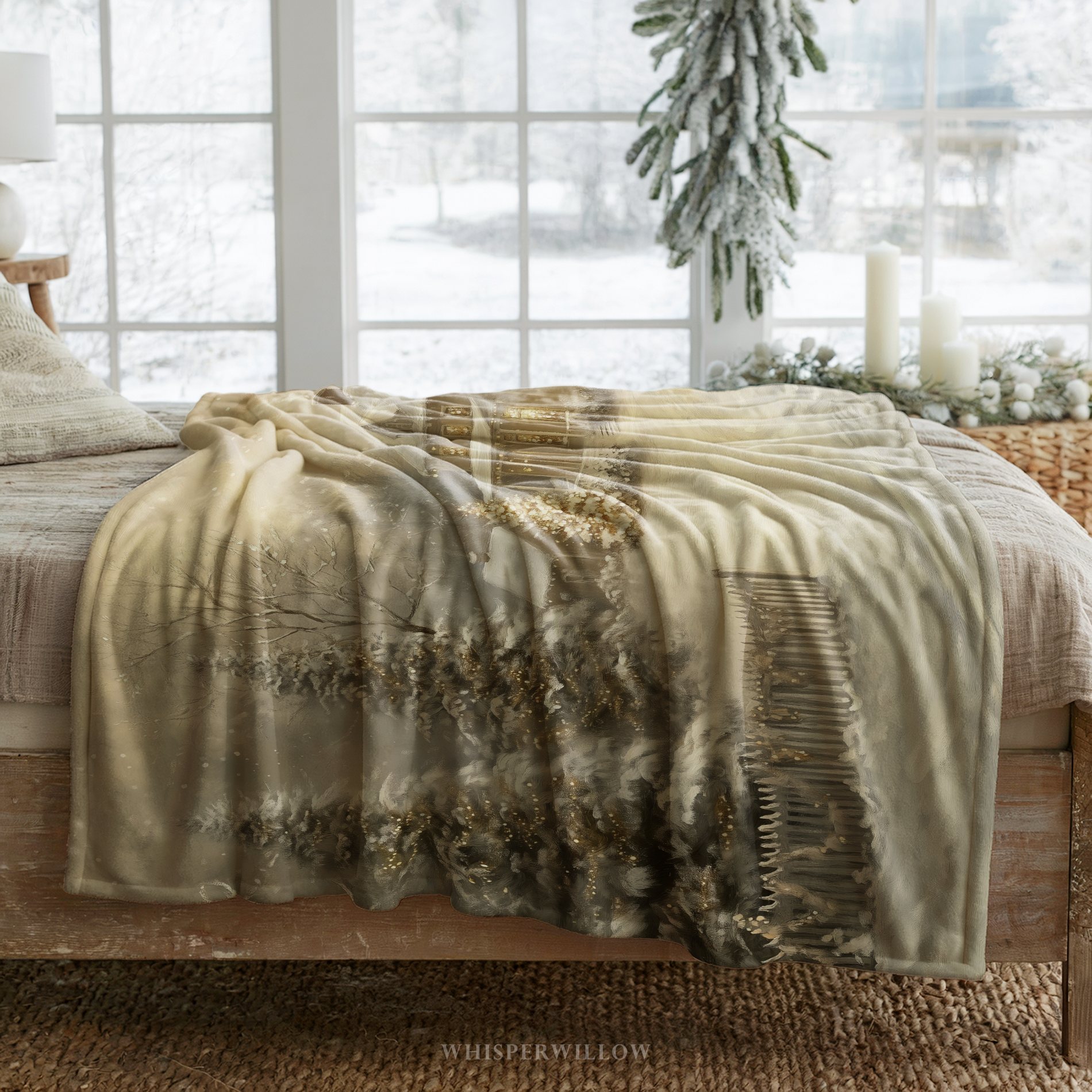 Enchanted Winter Cottage Throw Blanket - Christmas Lights Snowy Forest Gift