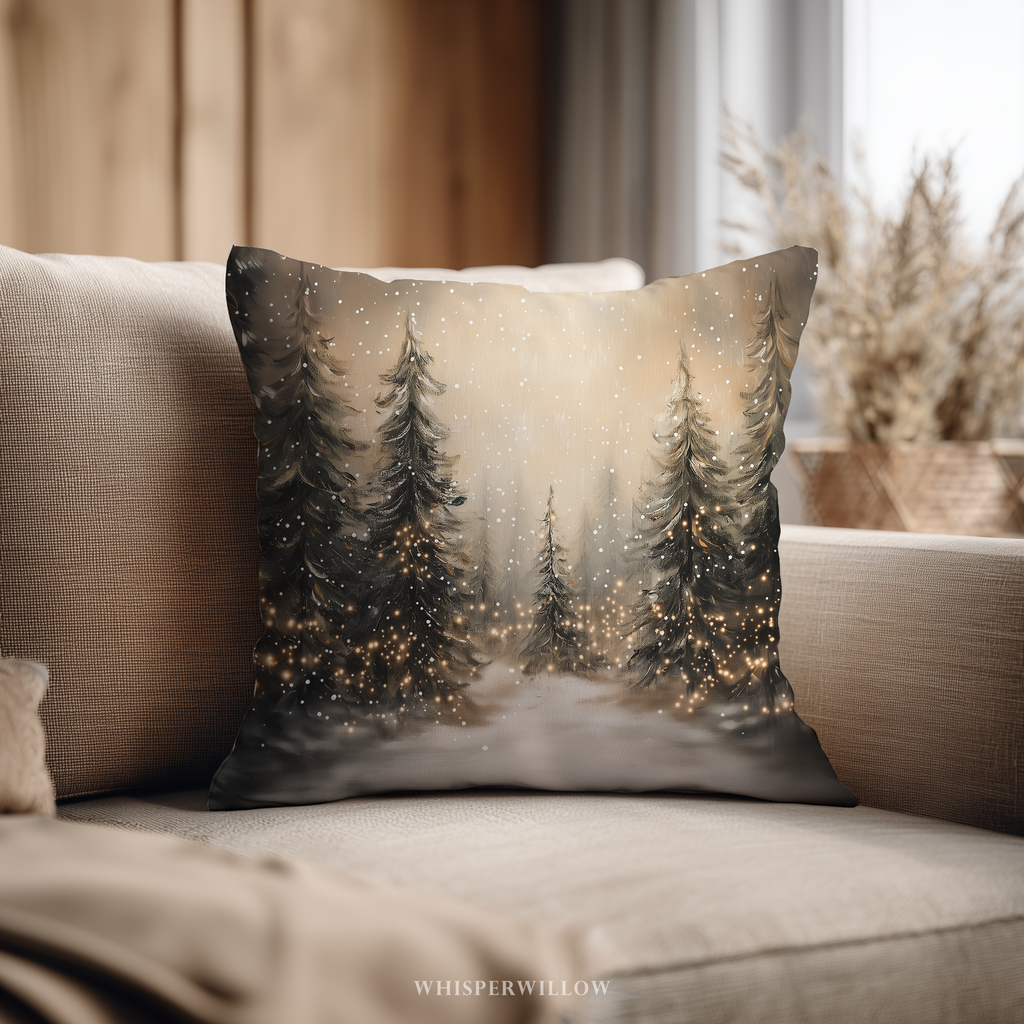 Dekokissen mit Winterwaldmotiv – Gemütliches Kissen mit Weihnachtsbaumbeleuchtung