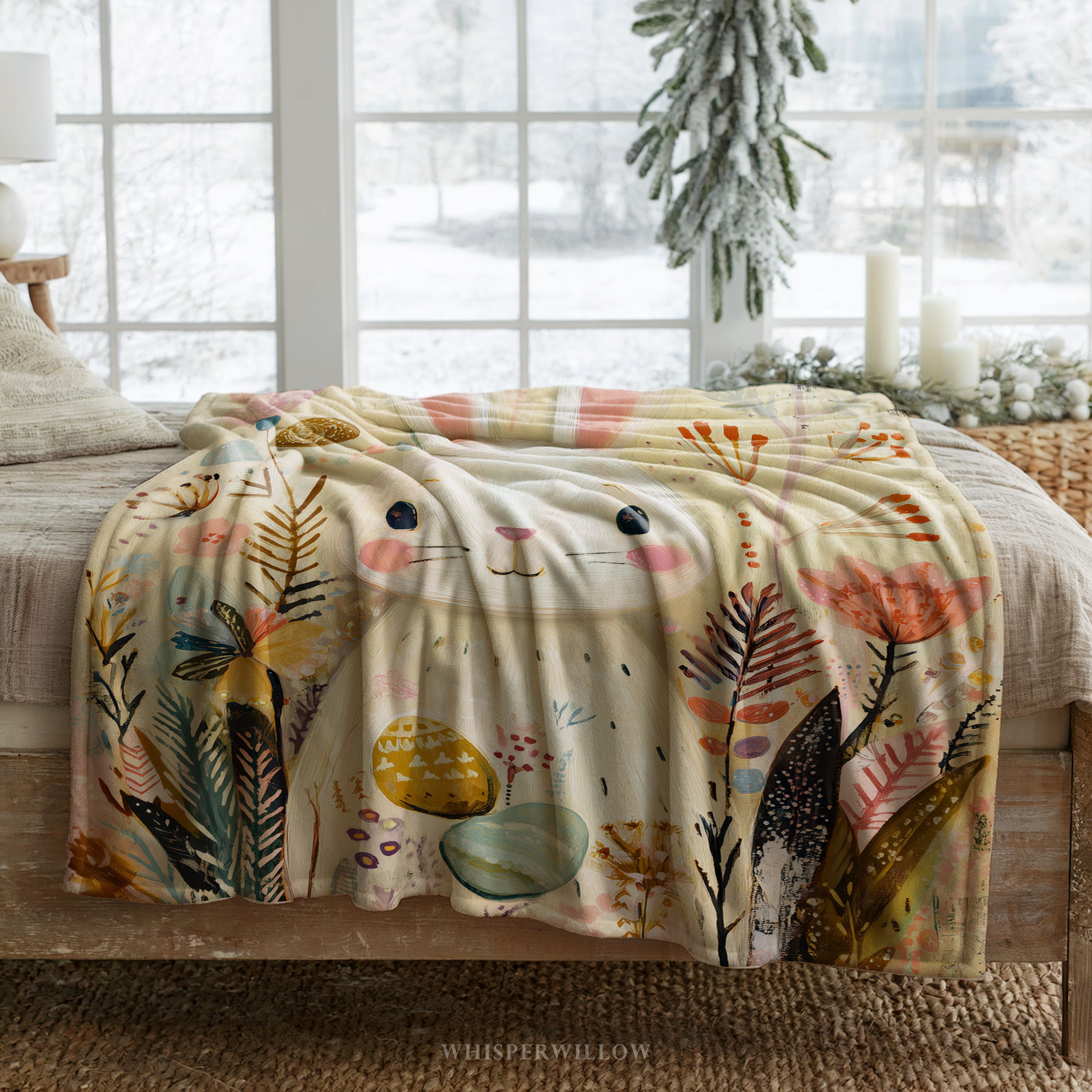 Whimsical Easter Bunny Throw Blanket, Spring Pastel Floral Design, Cute Rabbit Cottagecore Nursery, Cozy Plush Gift for Kids Gift