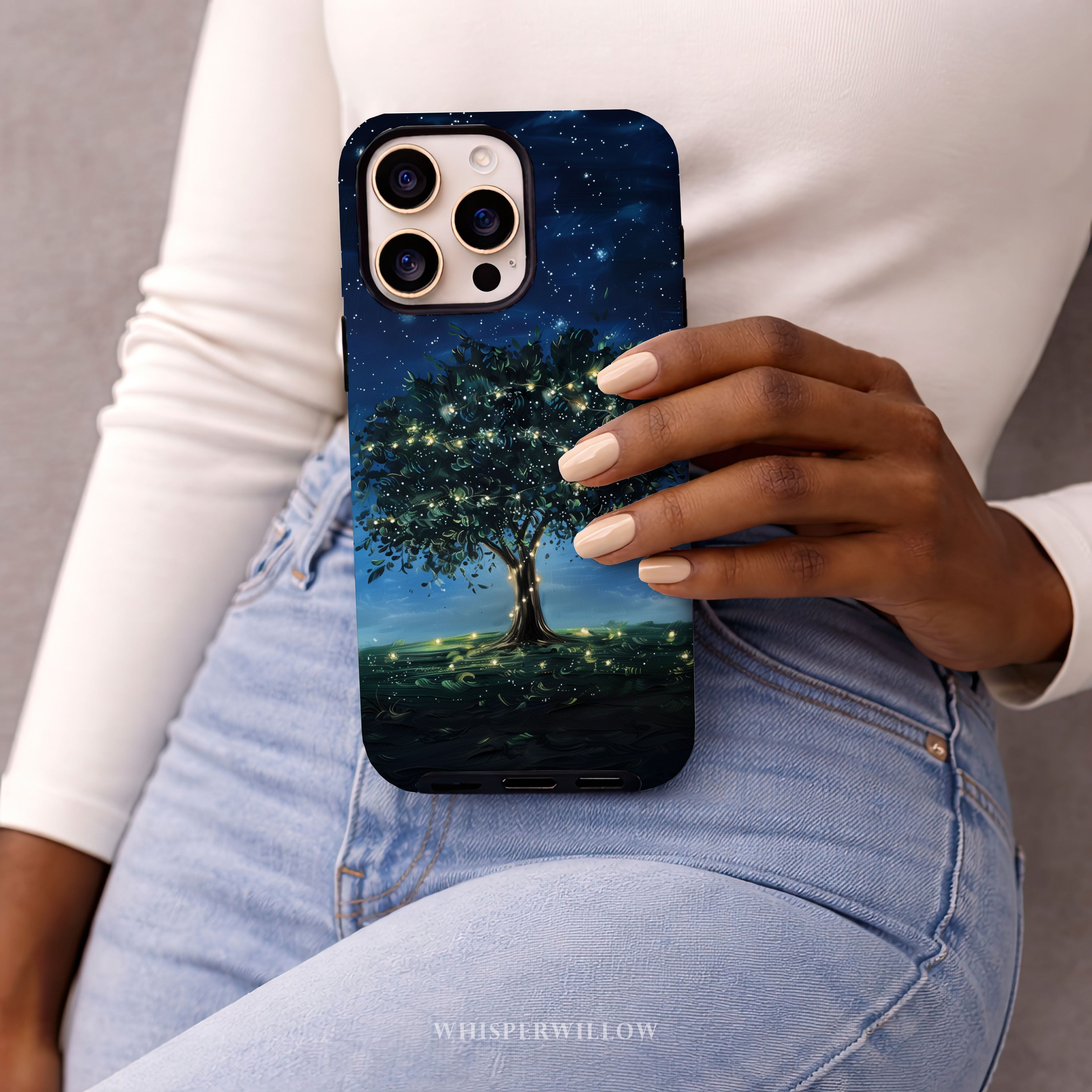 Mystical Tree Phone Case | Compatible with MagSafe Charging | Starry Night Sky Aesthetic | Glowing Nature Art | Celestial Fireflies
