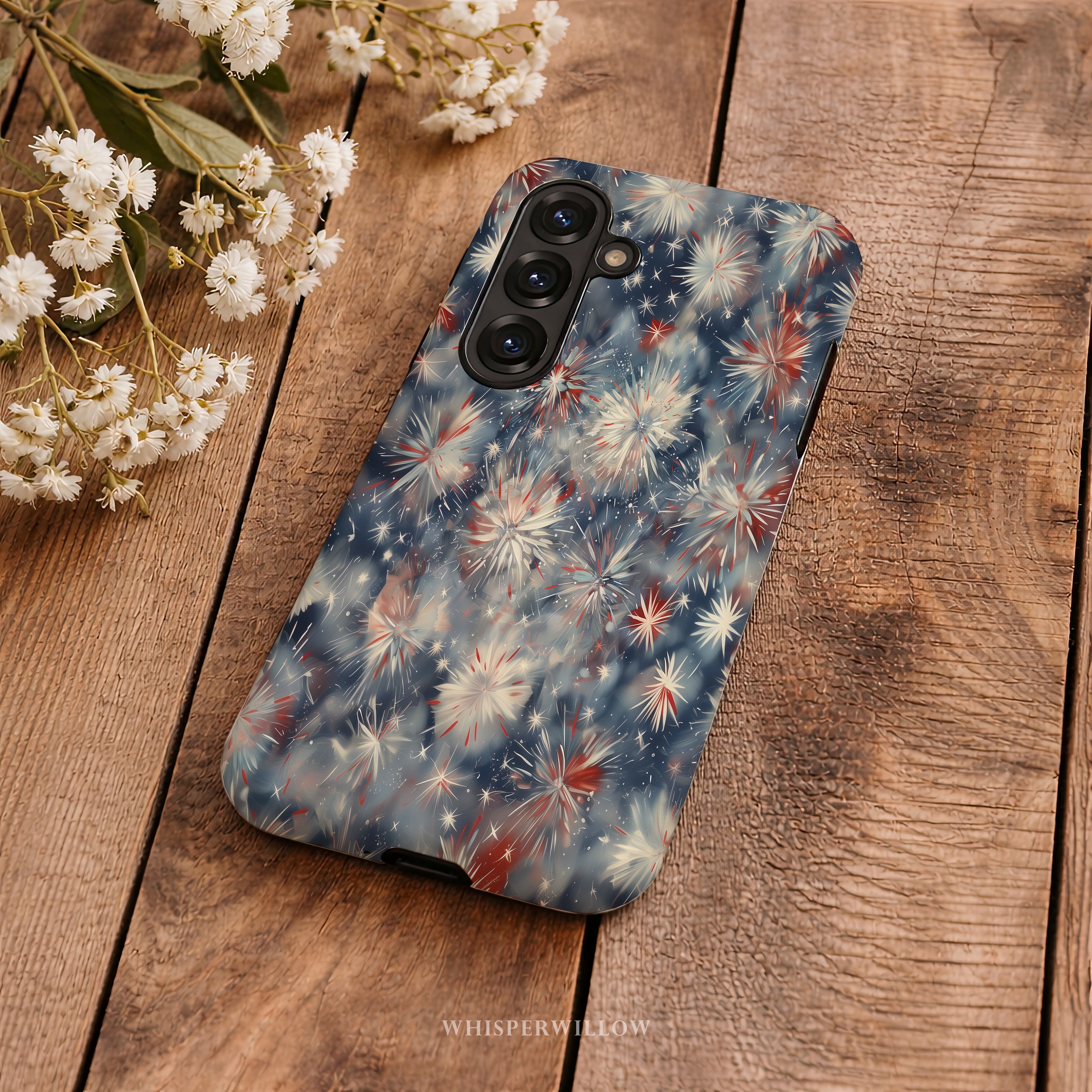 Abstract Fireworks Phone Case | Compatible with Samsung | Patriotic Red White Blue Starburst Cover
