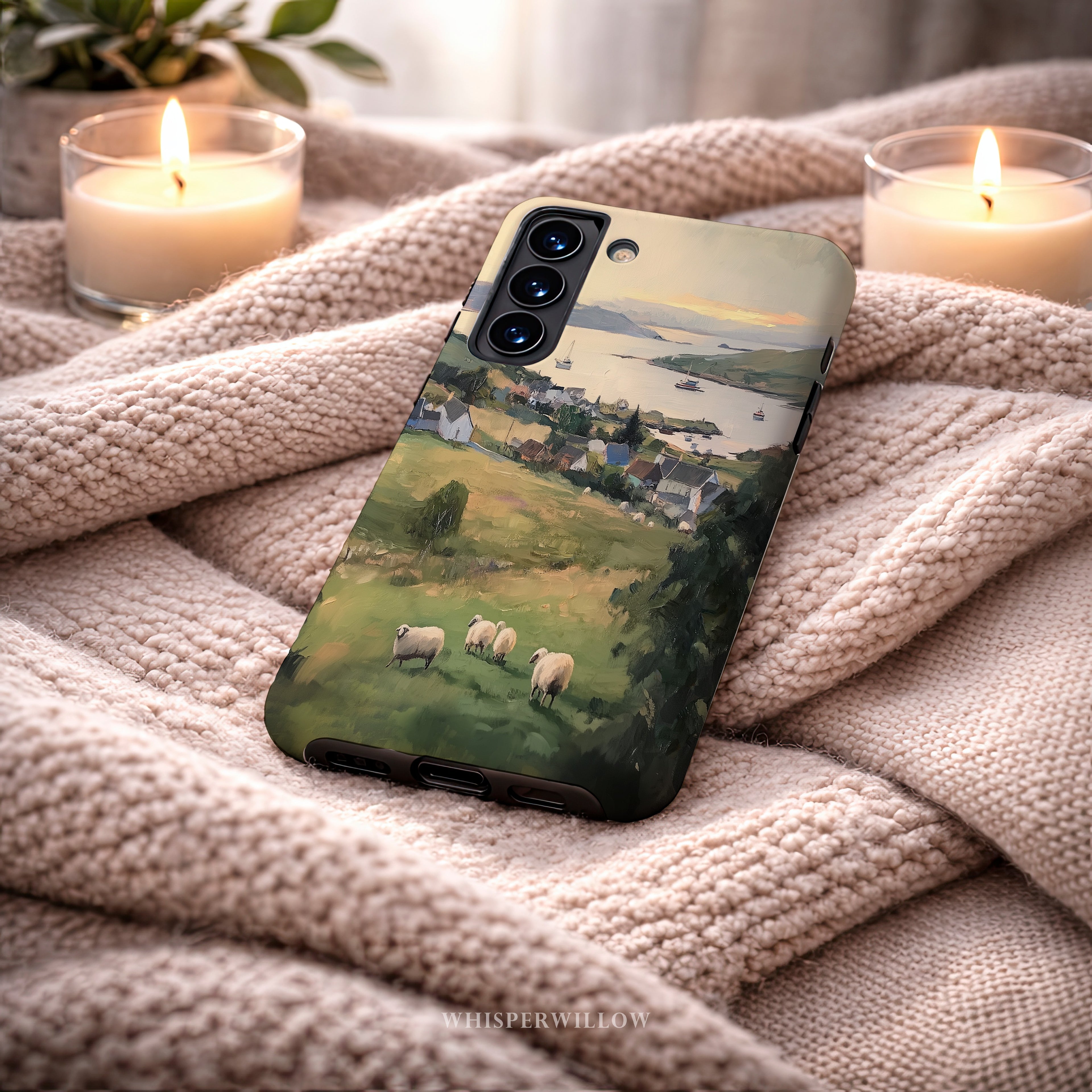 Coastal Sheep Meadow Phone Case | Samsung Compatible | Irish Harbor Village Scenic Cover