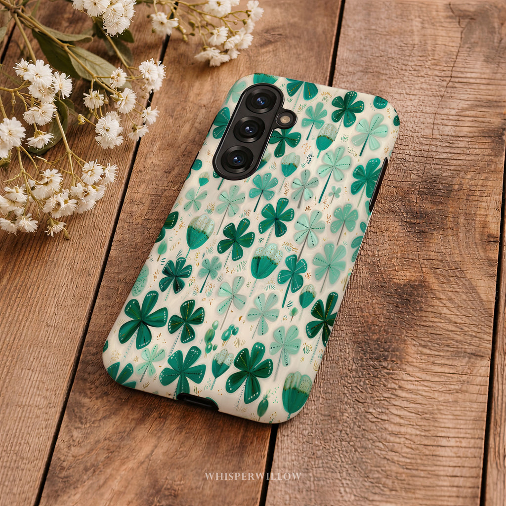 Teal Shamrock Dual Layer Phone Case | Samsung Compatible | Lucky Four Leaf Clover Cover