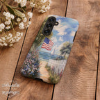 Coastal Aesthetic Phone Case Compatible with Samsung | American Flag Beach Art | Patriotic Ocean Landscape | Wildflower Path Design