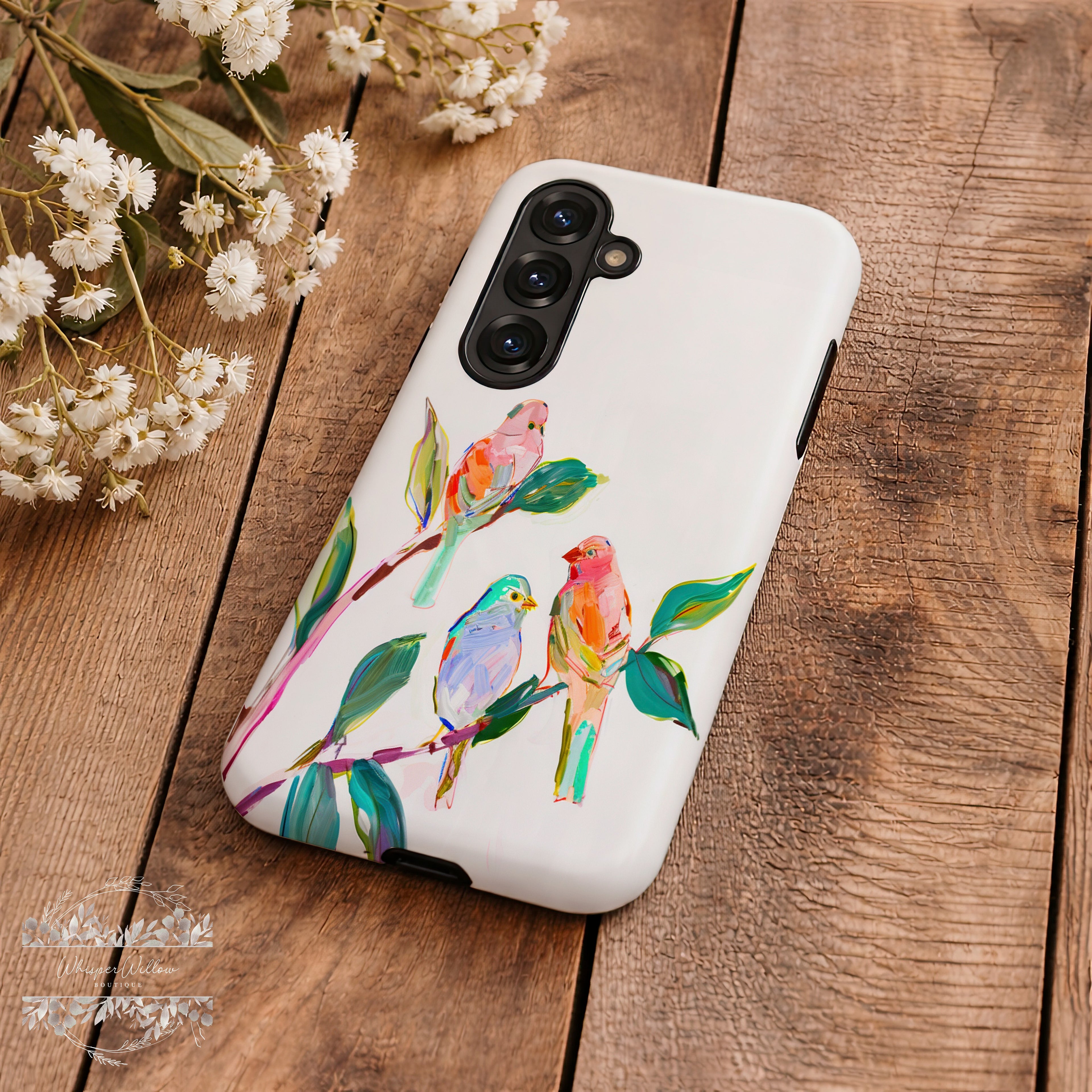 Colorful Bird Branch Art Tough Case | Compatible with Samsung Galaxy Android Phones | Dual Layer Shockproof Protective Cover | Matte Finish