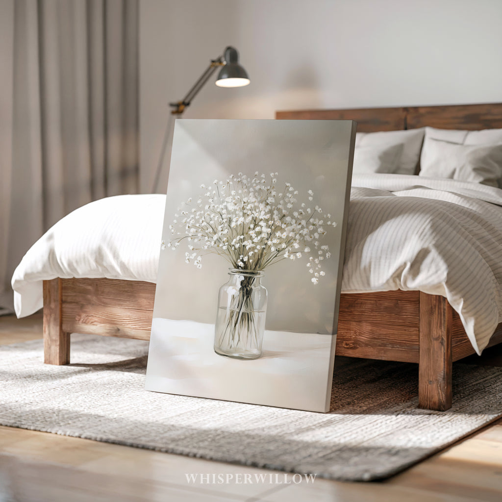 Leinwandbild mit Schleierkraut-Motiv | Neutraler Blumendruck | Beruhigende grau-weiße Dekoration