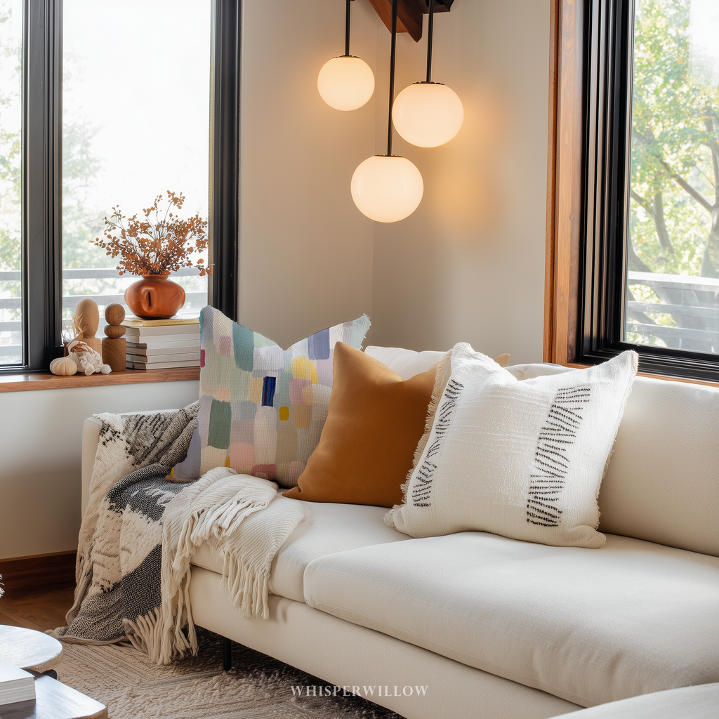 Cozy living room with a beige sofa adorned with colorful pillows and a blanket, near large windows.