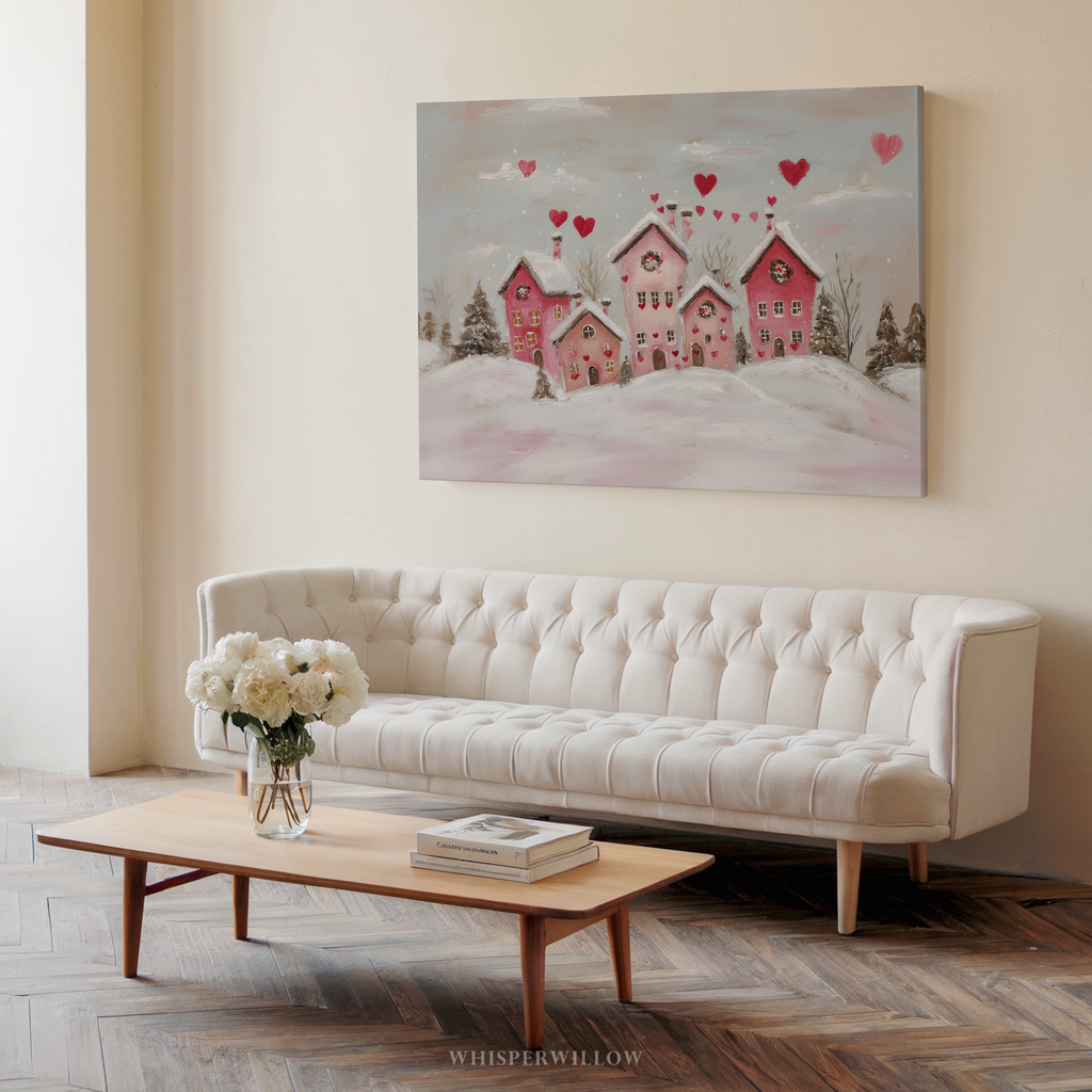 Verspieltes rosa Winterdorf auf Leinwand | Romantisches Herzmotiv mit verschneiten Häusern | Wandbild zum Valentinstag