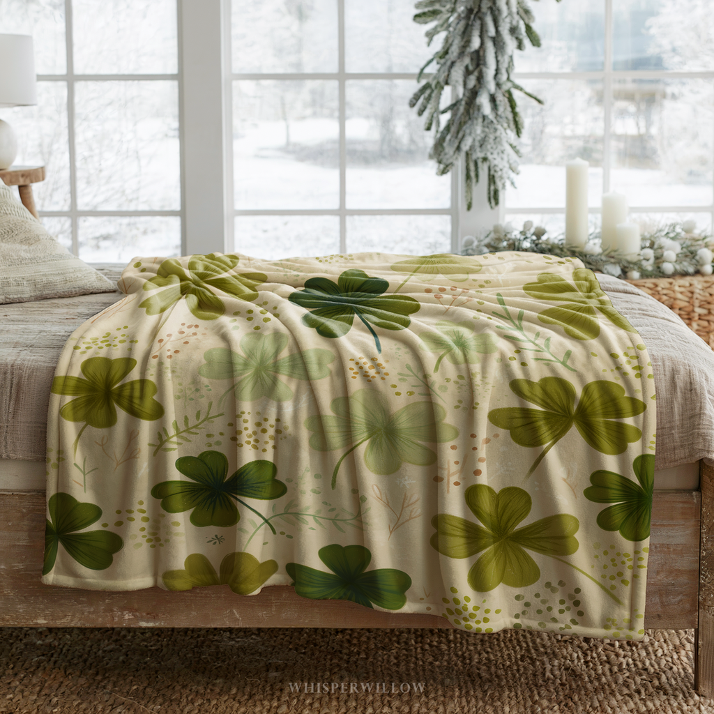 St Patricks Day Plush Throw Blanket, Shamrock Clover Green Floral Botanical, St Paddy Cozy Home Decor, Gift for Kids and Adults