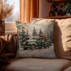 Vintage Christmas Truck Throw Pillow - Holiday Snowy Forest Cushion