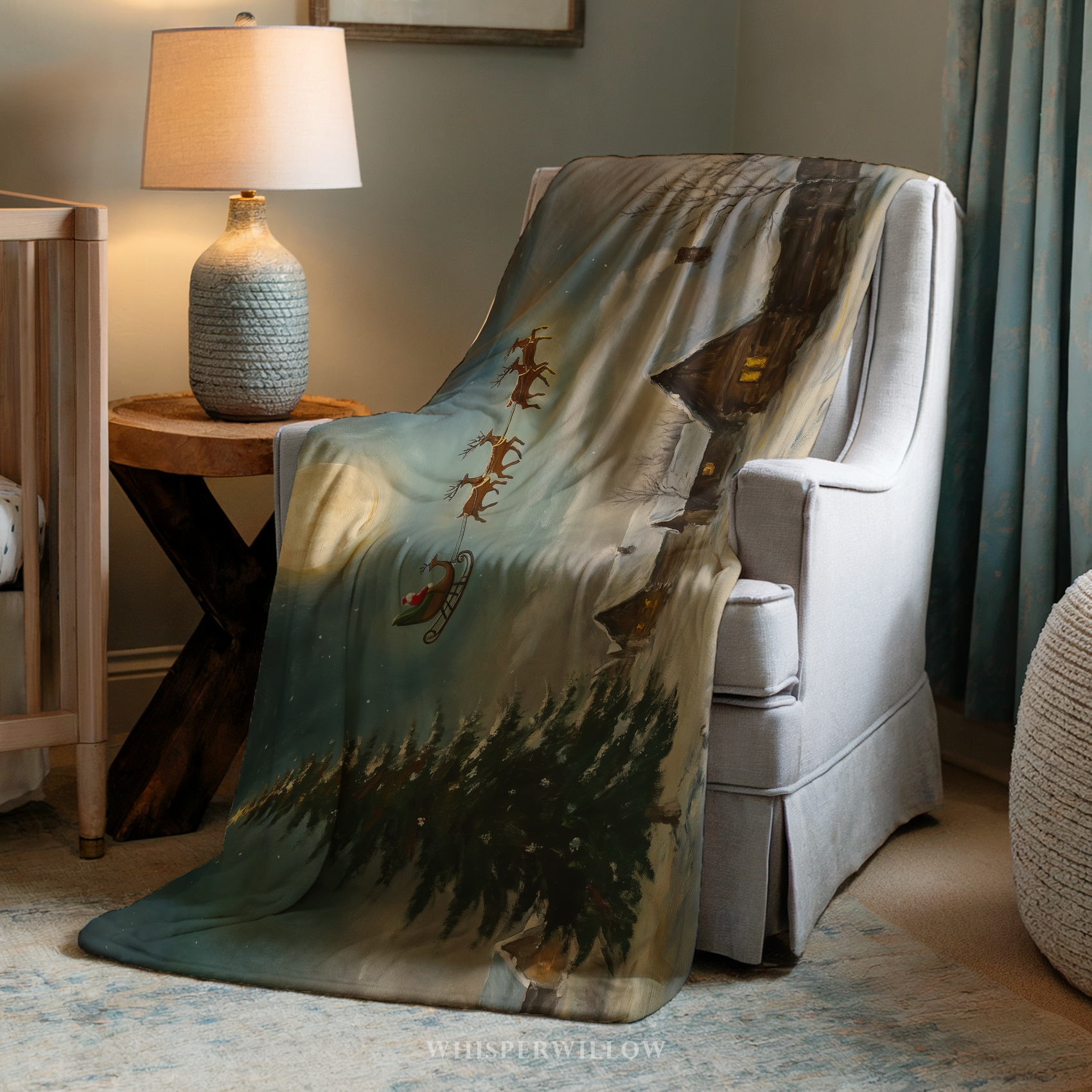 Christmas Santa Sleigh Throw Blanket - Reindeer Moonlit Village Gift