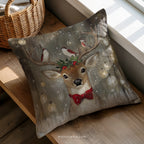 Christmas Reindeer Throw Pillow - Birds and Holly Holiday Cushion Cover and Insert by WhisperWillow Studios Home Decor Gift